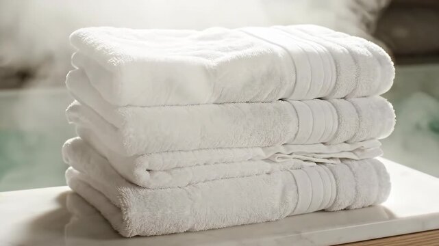 Stack of Folded Fluffy White Towels on Marble Surface with Drifting Steam