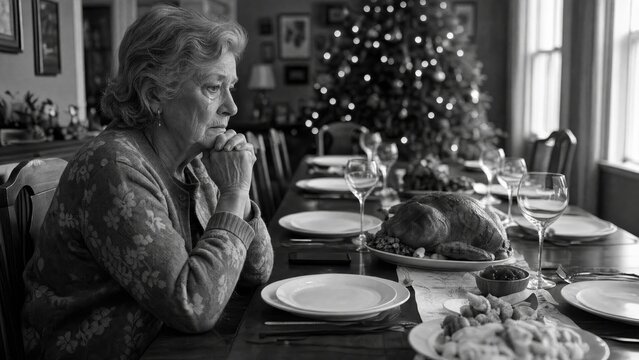 Sad elderly woman crying at dinner table alone during Christmas. Solitude and loneliness in old age. Grief and sorrow during holiday celebration with served festive food meal.