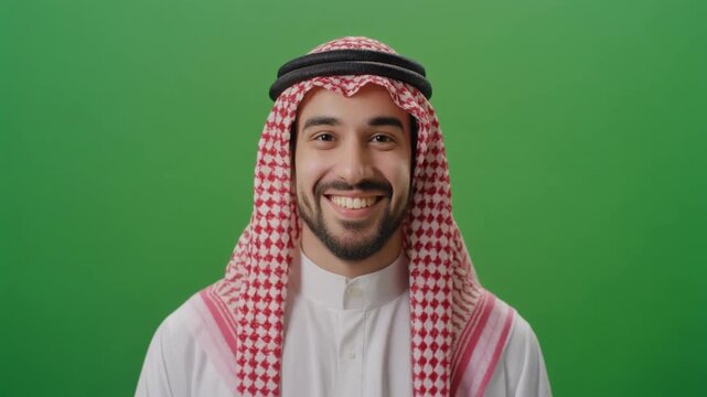 Portrait of a smiling young Arab man wearing traditional clothing isolated on green screen chroma key background.