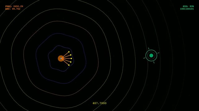 A sci fi interface demonstrates holographic gesture control as pulsing green and blue radar waves propagate outwards while digital telemetry updates in real time.
