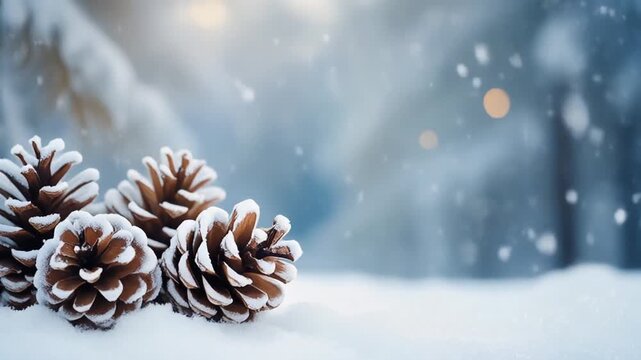 Beautiful pine cones resting on a fresh layer of white snow during a winter snowfall. Aesthetic winter or Christmas video background with wide copy space.