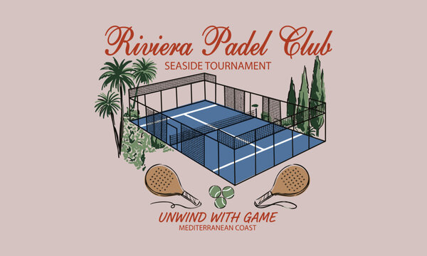 Retro Riviera Padel Club poster featuring a blue court, rackets, and palm trees for t shirt print.