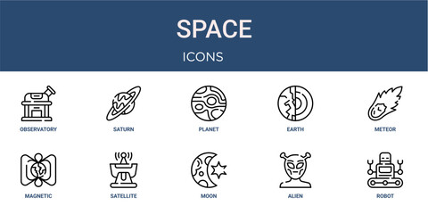 Set of 10 outline web Space icons such as robot, alien, moon, satellite, magnetic, meteor, earth vector icons for report, presentation, diagram, web design, mobile app © Isabella