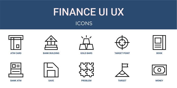 Set of 10 outline web Finance UI UX icons such as money, target, problem solving, save, bank atm, book, target point vector icons for report, presentation, diagram, web design, mobile app