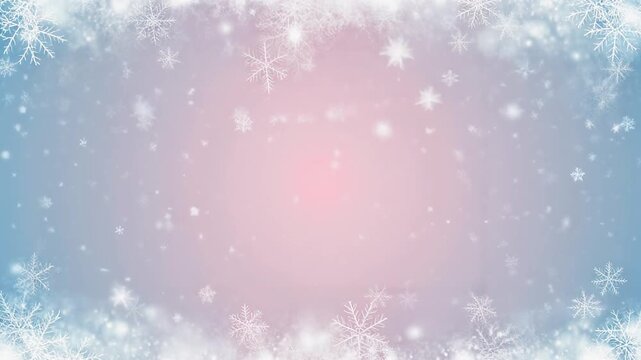 Beautiful winter background with falling snowflakes and soft pink and blue gradient light. Aesthetic winter or Christmas video background with wide copy space.