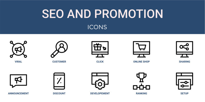 Set of 10 outline web SEO and Promotion icons such as setup, ranking, developement, discount, announcement, sharing, online shop vector icons for report, presentation, diagram, web design, mobile app