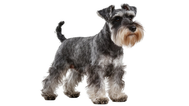 Isolated Miniature Schnauzer dog with a characteristic salt and pepper coat standing attentively