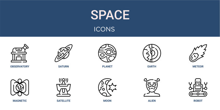 Set of 10 outline web Space icons such as robot, alien, moon, satellite, magnetic, meteor, earth vector icons for report, presentation, diagram, web design, mobile app