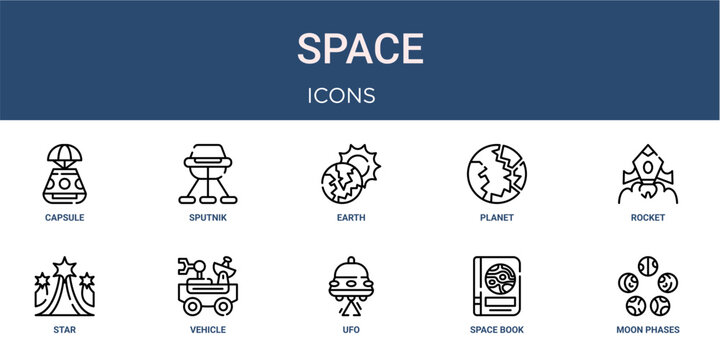 Set of 10 outline web Space icons such as moon phases, space book, ufo, vehicle, star, rocket, planet destruction vector icons for report, presentation, diagram, web design, mobile app