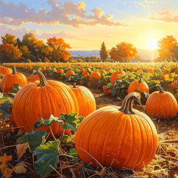 Harvest Pumpkin Patch at Sunset with Golden Hour Light
