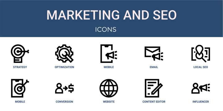 Set of 10 outline web Marketing and SEO icons such as influencer, content editor, website, conversion rate, mobile advertising, local seo, email marketing vector icons for report, presentation,
