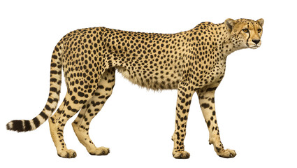 Isolated cheetah walking sideways, alert and graceful African wild feline looking right. © Conor