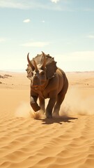 Fototapeta premium Triceratops Sprinting Through Golden Desert Dunes