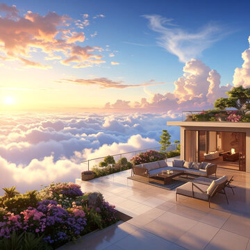 Luxury Penthouse Terrace with Sunset View Above Clouds