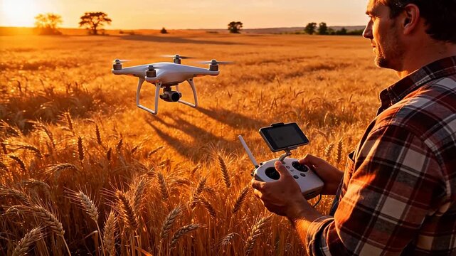 Man operating drone in wheat field