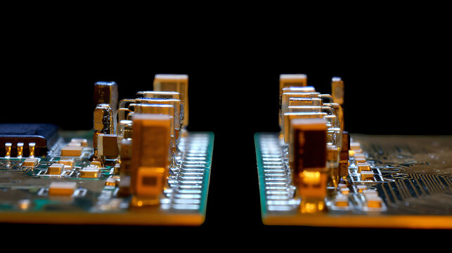 Close-Up View of Parallel Electronic Circuit Boards with Golden Components on a Dark Background, Illustrating Technology and Connectivity