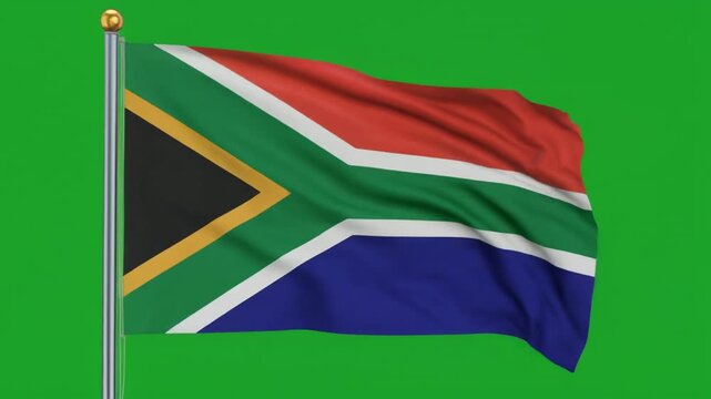 The national flag of South Africa waving isolated on green screen chroma key background.