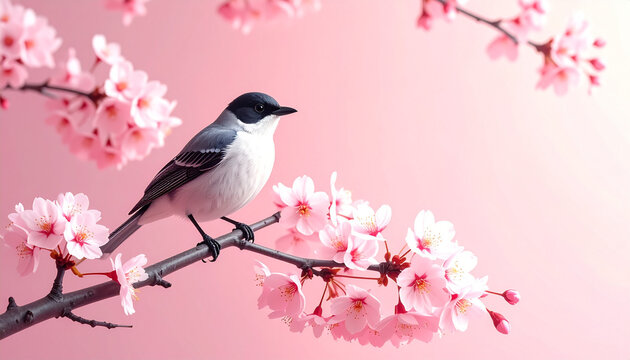 Small Bird Perched on Pink Cherry Blossom Branch