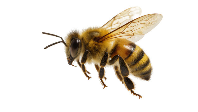 Isolated honey bee in flight, detailed macro view of furry striped insect with transparent wings