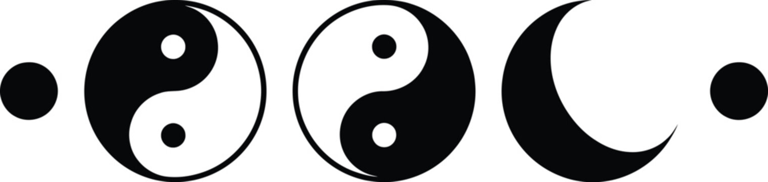 Yin yang symbols and crescent moon shapes in black white