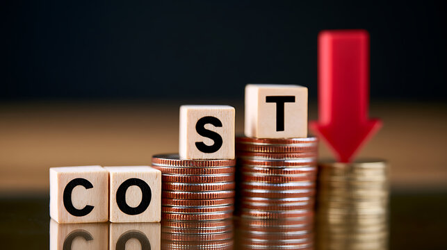 Conceptual image shows wooden blocks spelling 'COST' on rising coin stacks with a red arrow pointing down, symbolizing cost reduction and savings