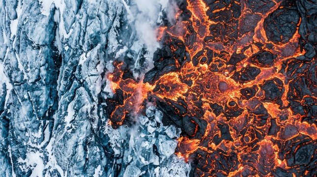 Aerial view of molten lava flowing against glacial ice in Iceland, representing the contrast of extreme heat and winter cold for nature documentary and geological study