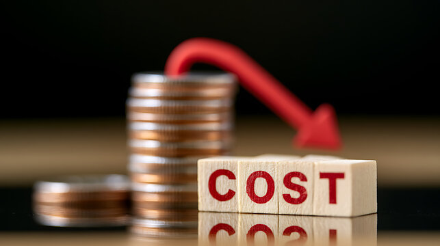 Conceptual image with stacking coins, wooden blocks spell "COST", and a red downward arrow, illustrating financial reduction and expense management