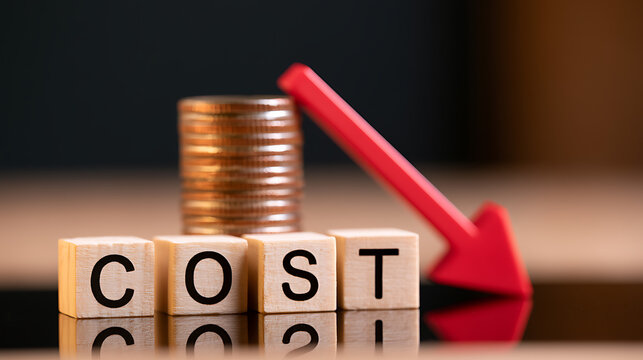Conceptual image shows wooden blocks spell out the word "COST" with a stack of coins and a critical red arrow pointing down, indicating reduction