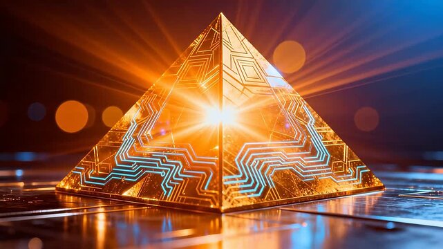Golden pyramid with glowing circuit design