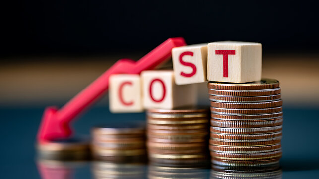 Stacked coins illustrating financial growth and decline with text blocks spelling out 'COST' and a red downward arrow