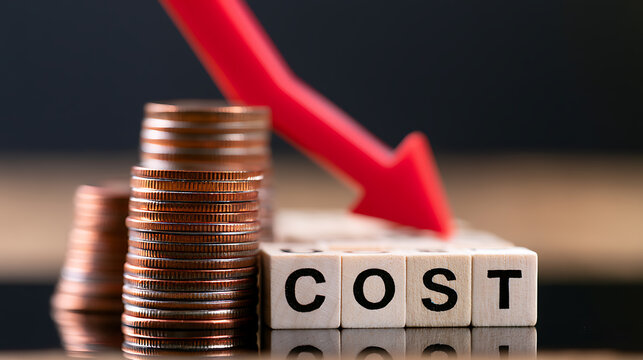 Stacked coins and COST word on wooden blocks under a red arrow pointing down, symbolizing cost reduction and financial savings concept