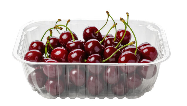 Isolated delicious fresh ripe red cherries with green stems in transparent plastic container