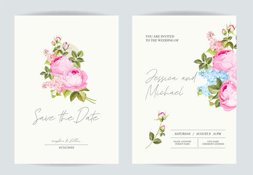 Marriage invitation card with custom sign and rose frame over beige