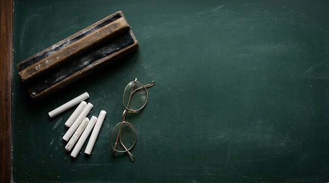 Classic green chalkboard adorned with a traditional wooden duster, pristine white chalk pieces, and elegant reading glasses, symbolizing education and knowledge