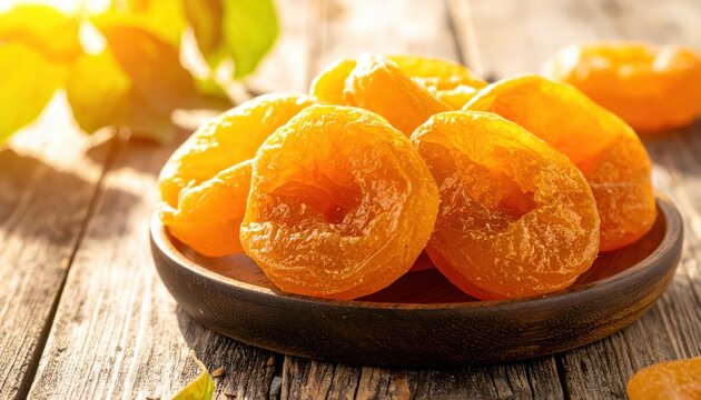 Golden Dried Apricot Halves Piled in a Rustic Wooden Bowl on a Textured Surface