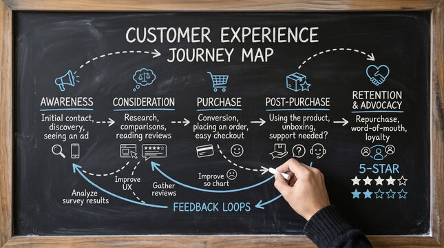 Customer journey map diagram illustrated on a blackboard. The map shows customer interaction stages: awareness, consideration, purchase, post-purchase, and retention & advocacy.