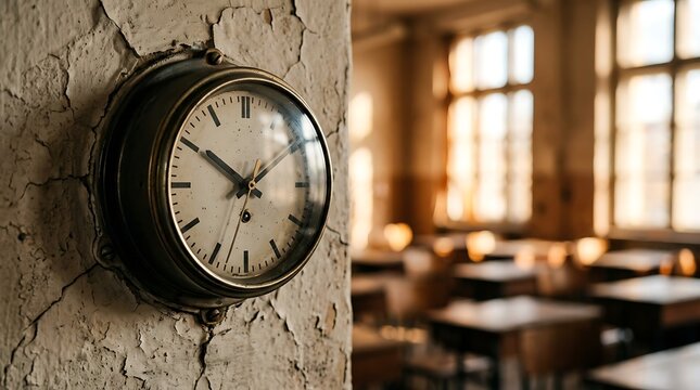 Vintage analog clock on a weathered cracked wall in an empty sunlit classroom with abandoned furniture