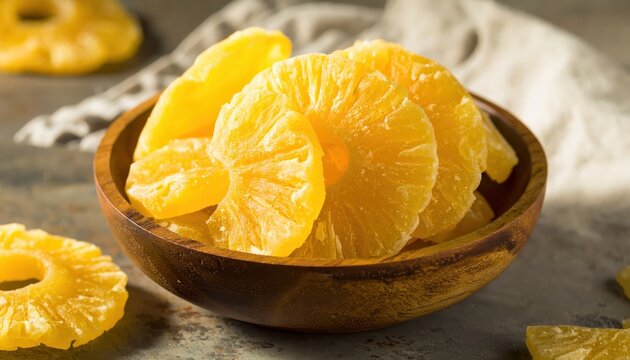 Golden Dried Pineapple Rings and Chunks Piled in a Rustic Wooden Bowl, A Delicious Tropical Snack
