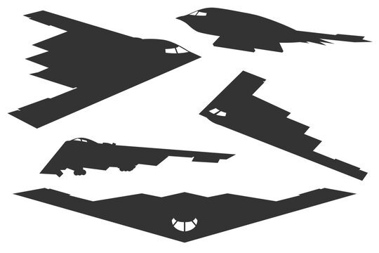 B-2 Spirit silhouette bundle from various viewing angles. Clean monochrome vector collection of stealth bomber aircraft. Military aviation asset set.