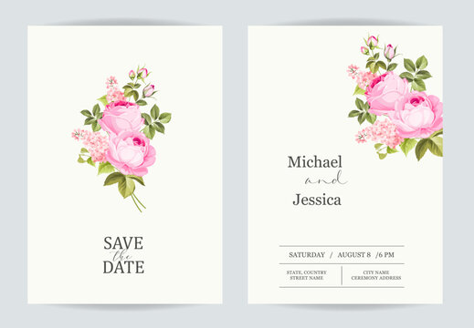 Marriage invitation card with custom sign and rose frame over beige