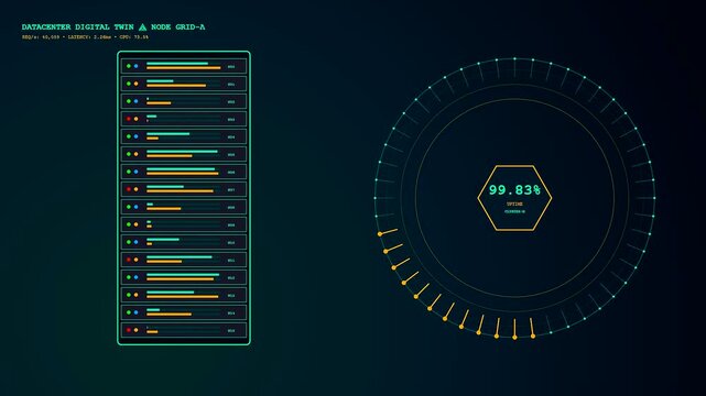 A vibrant digital twin interface showing server cluster uptime status with circular loading charts and data logs glowing in a dark virtual network monitoring environment