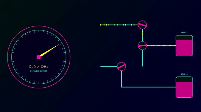 a vibrant digital twin interface displays fluctuating pressure levels inside industrial storage containers through animated circular gauges and glowing pipeline flow charts on dark blue screens