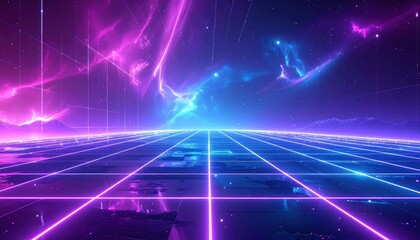 Fototapeta premium Retro synthwave landscape with glowing neon grid floor and cosmic nebula sky, perfect for digital music backdrop and futuristic motion graphics