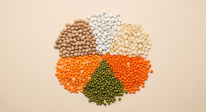 Assorted dried pulses, legumes, and lentils arranged in a circular pattern