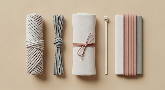 Bundles of cotton cord, rolled paper, and elastic bands on beige background
