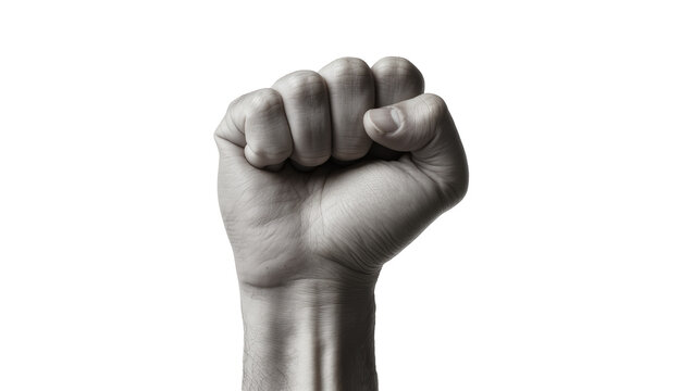 Isolated clenched human fist symbolizing protest, solidarity, strength, and determination.