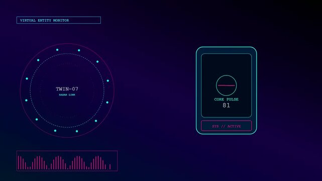 A digital twin interface showing active data tracking with glowing circular radar elements and pulsating line graphs displayed across three distinct animated user terminal window screens