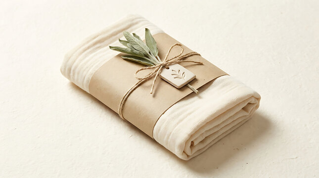 Folded cream muslin swaddle wrap with kraft paper sleeve and sage sprig