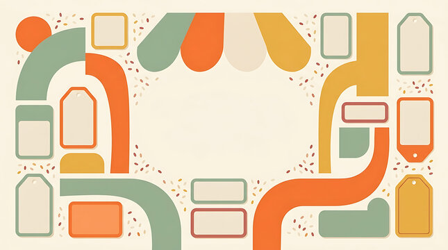 Grocery store banner with price tags, storefront awning, and abstract shapes
