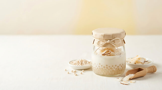 Glass jar of coconut tapioca pudding with almond flakes and wooden scoop